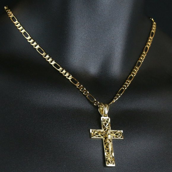 18k Gold Cross 18 Inch " Figaro Chain + Pendant